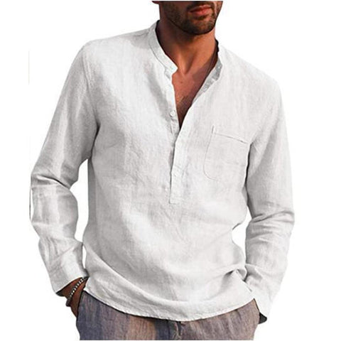 100% Cotton Line Hot Sale Men&#39;s Long-Sleeved Shirts Summer Solid Color Stand-Up Collar Casual Beach Style Plus Size - ElitShop