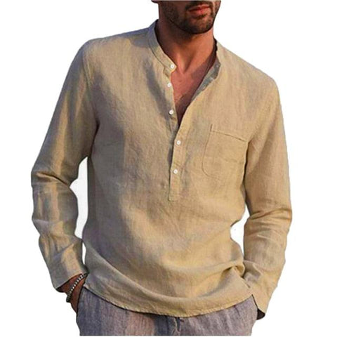 100% Cotton Line Hot Sale Men&#39;s Long-Sleeved Shirts Summer Solid Color Stand-Up Collar Casual Beach Style Plus Size - ElitShop