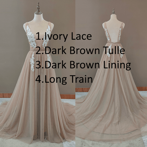 1333#Boho Deep Sexy V Neck Sleeveless Backless Bridal Beach Tulle Lace Floor Length A-Line Champagne Wedding Dress Bridal Gown - ElitShop