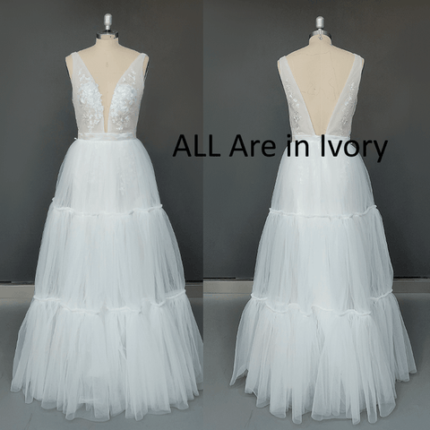 1333#Boho Deep Sexy V Neck Sleeveless Backless Bridal Beach Tulle Lace Floor Length A-Line Champagne Wedding Dress Bridal Gown - ElitShop