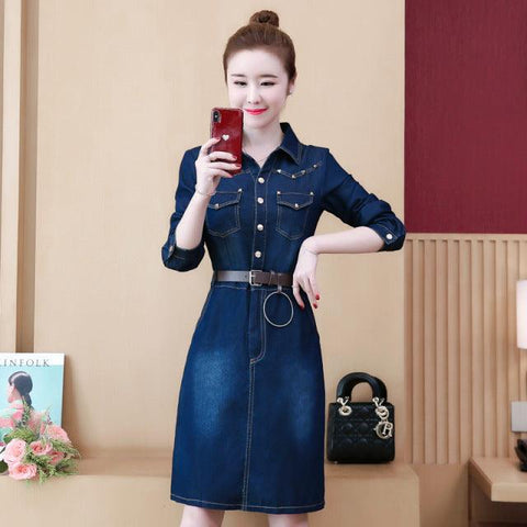 #2709 Korean Style Denim Dresses Women Long Sleeved Laple Collar Elegant Slim Plus Size 5XL Jeans Dress Women Rivet Knee Length - ElitShop