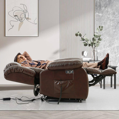 Large Leather Lift Recliner for Elderly with Massage and Heat,Electric Power Lift Chairs Extra Wide Recliners,USB Ports, 2 Cup H - ElitShop