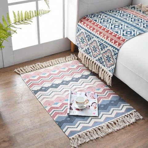 Retro Bohemian Hand Tassel Woven Cotton Linen Carpet Bedside Rug Geometric Floor Mat Long Rug Bedspread Tapestry Home Decoration - ElitShop