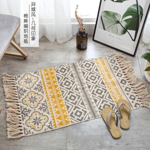 Retro Bohemian Hand Tassel Woven Cotton Linen Carpet Bedside Rug Geometric Floor Mat Long Rug Bedspread Tapestry Home Decoration - ElitShop