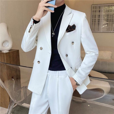 ( Jacket + Pants ) High-end Brand Formal Business Men&#39;s Double-breasted Suit 2-piece Set Solid Color Groom Wedding Dress Party - ElitShop