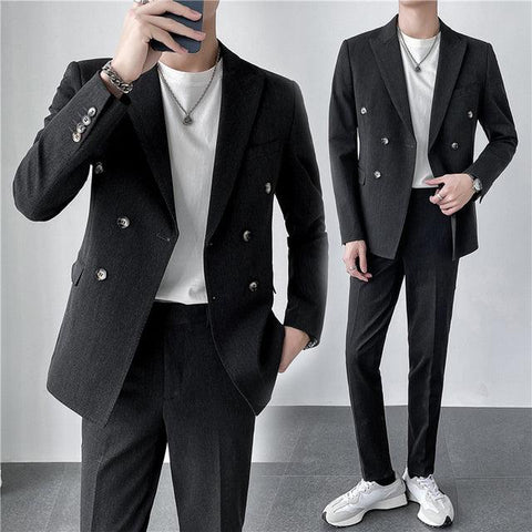 ( Jacket + Pants ) High-end Brand Formal Business Men&#39;s Double-breasted Suit 2-piece Set Solid Color Groom Wedding Dress Party - ElitShop