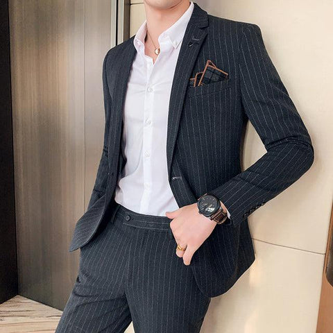 ( Jacket + Pants ) High-end Formal Business Social Office Mens Slim Suit 2pces Set Stripes &amp; Plaid Groom Wedding Dress Male Suit - ElitShop