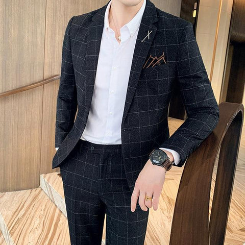 ( Jacket + Pants ) High-end Formal Business Social Office Mens Slim Suit 2pces Set Stripes &amp; Plaid Groom Wedding Dress Male Suit - ElitShop