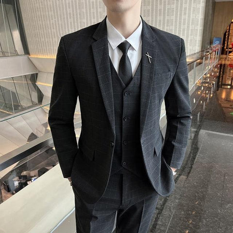 ( Jacket + Vest + Pants ) High-end Brand Boutique Fashion Plaid Men&#39;s Casual Business Suit Three-piece Set Groom Wedding Dress - ElitShop