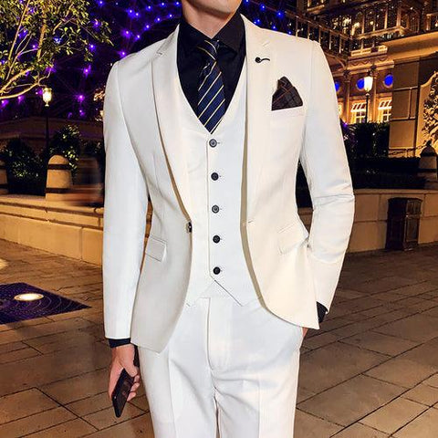 ( Jacket + Vest + Pants ) High-end Brand Groom Wedding Dress Mens White Formal Suit Solid Color Male Casual Business Suit Stage - ElitShop