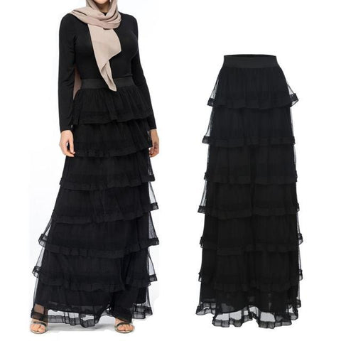 Fashion Women&#39;s Long Skirt Mesh Pleat Muslim Bottoms Ruffle Cake Layered style Pencil High Waist Ramadan Party Islamic Clothing - ElitShop