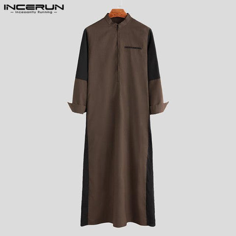 INCERUN Autumn Casual Men Patchwork Stand Collar Long Sleeve Muslim Kaftan Tops Fashion Mens Robe Streetwear Abaya Jubba Thobe - ElitShop