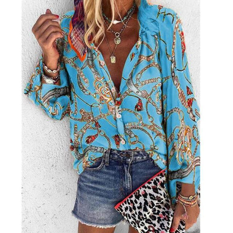 2020 New Design Plus Size Women Blouse V-neck Long Sleeve Chains Print Loose casual Shirts Womens Tops And Blouses - ElitShop