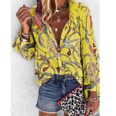 2020 New Design Plus Size Women Blouse V-neck Long Sleeve Chains Print Loose casual Shirts Womens Tops And Blouses - ElitShop