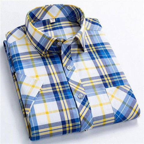 Checkered shirts for men Summer short sleeved leisure slim fit Plaid Shirt square collar soft causal male tops with front pocket - ElitShop