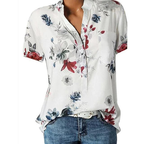 Elegant women&#39;s shirt printing large size casual shirt fashion V-neck short-sleeved shirt blouse - ElitShop