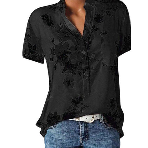 Temperament new women&#39;s shirt printing large size casual shirt loose V-neck short-sleeved shirt blouse - ElitShop