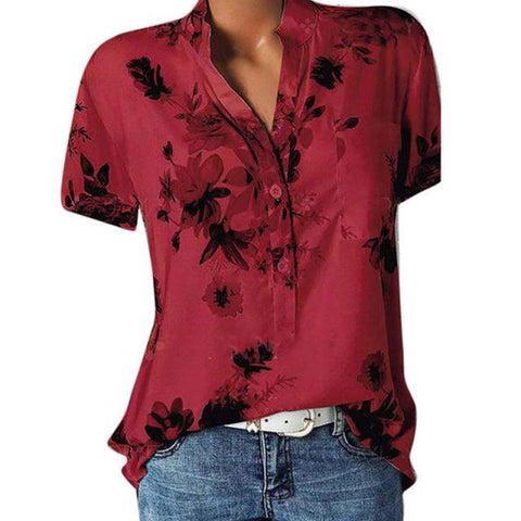 Temperament new women&#39;s shirt printing large size casual shirt loose V-neck short-sleeved shirt blouse - ElitShop