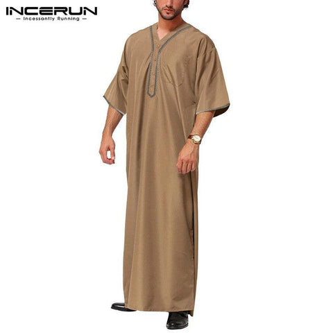 INCERUN Men Islamic Muslim Kaftan Half Sleeve Solid Color V Neck Vintage Robes Casual Dubai Saudi Arabia Men Jubba Thobe S-5XL - ElitShop