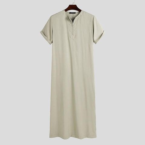 Man Vintage Short Sleeve O Neck Muslim Arabic Islamic Clothing INCERUN Mens Solid Color Robes Saudi Style Zipper Jubba Thobe 5XL - ElitShop