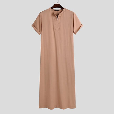 Man Vintage Short Sleeve O Neck Muslim Arabic Islamic Clothing INCERUN Mens Solid Color Robes Saudi Style Zipper Jubba Thobe 5XL - ElitShop