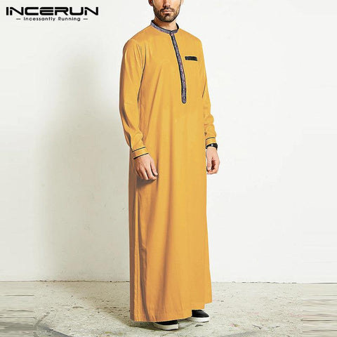 Muslim Men Jubba Thobe Islamic Arab Kaftan Long Sleeve Patchwork Robes Retro Dubai Saudi Arabia Caftan Men Clothes INCERUN 2022 - ElitShop