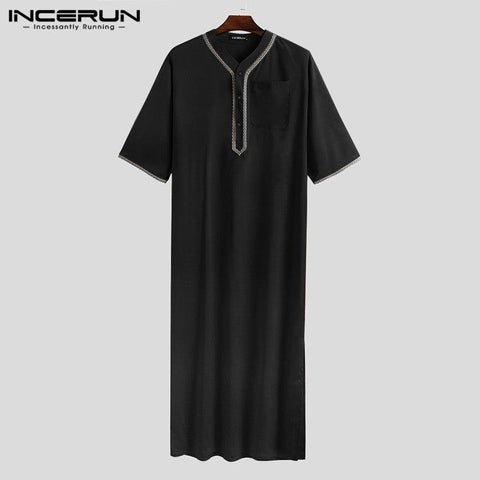 Men Vintage Half Sleeve Muslim Kaftan Robes Leisure V Neck Printed Jubba Thobe Casual Solid Patchwork Arabic Clothes 5XL INCERUN - ElitShop