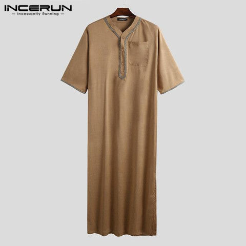 Men Vintage Half Sleeve Muslim Kaftan Robes Leisure V Neck Printed Jubba Thobe Casual Solid Patchwork Arabic Clothes 5XL INCERUN - ElitShop