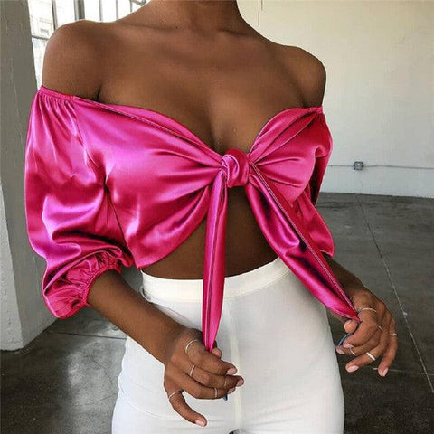 Women Off Shoulder Satin Silk Blouses Bandage Bowknot Shirts Long Sleeve Crop Top Lantern Sleeve Summer Tops One Size 4Colors - ElitShop