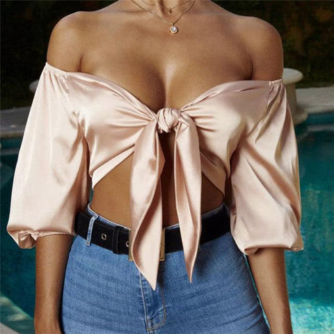 Women Off Shoulder Satin Silk Blouses Bandage Bowknot Shirts Long Sleeve Crop Top Lantern Sleeve Summer Tops One Size 4Colors - ElitShop