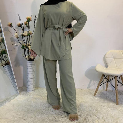 Women Muslim Nida Matching Set Long Sleeve Loose Long Top Tunic + Long Wide Leg Pants Solid Color Turkey Modest 2pcs Pants Sets - ElitShop