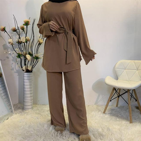 Women Muslim Nida Matching Set Long Sleeve Loose Long Top Tunic + Long Wide Leg Pants Solid Color Turkey Modest 2pcs Pants Sets - ElitShop