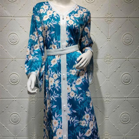 AB030 Luxury Dress Sky Blue Abaya Soiree Muslim Woman Dubai Islamic Clothing World Apparel Store Turkish Beautiful Print Flora - ElitShop