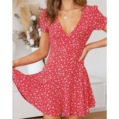 Women&#39;s Dress Summer V-Neck High Waist Short Dress for Party Holiday Casual Lady Slim Fit Flared Mini Dress A-Line Flowers/Dots - ElitShop