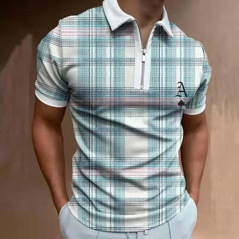 2021 Summer Chic Plaid Casual Mens Short Sleeve Polo Shirts Patchwork Turn-Down Collar Zipper Design Men Print Tops Pullovers - ElitShop