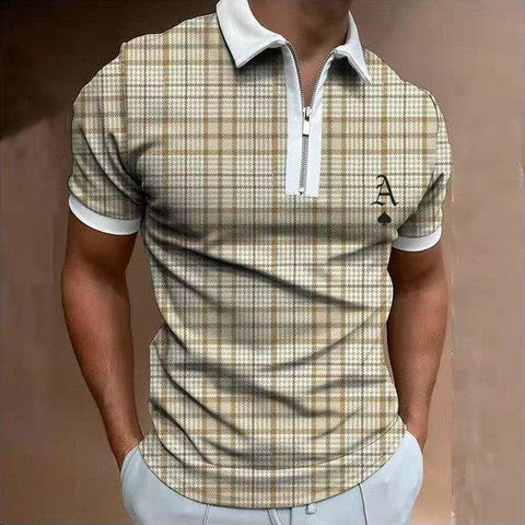 2021 Summer Chic Plaid Casual Mens Short Sleeve Polo Shirts Patchwork Turn-Down Collar Zipper Design Men Print Tops Pullovers - ElitShop