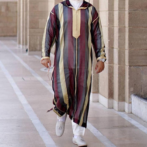 2021 New Muslim Striped Hooded Robe Men&#39;s Casual Long Shirt Loose T-shirt Large Size Traditional Dashiki Man&#39;s Clothes Oversized - ElitShop