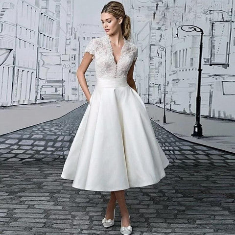 Short Wedding Dresses 2021 Tea-Length Cap Sleeve V-Neck Lace Appliques Button Elegant A-Line Satin Civil Vintage Bridal Gown - ElitShop