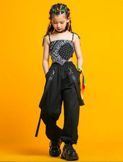 Kids Punk Hip Hop Clothing Square Neck Puff Sleeve Crop T Shirt Pleated Mesh Skirt Pant For Girls Jazz Dance Costume Set Clothes - ElitShop