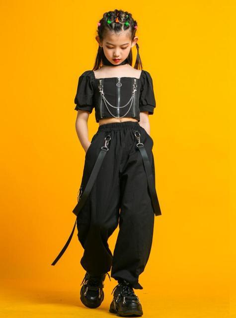 Kids Punk Hip Hop Clothing Square Neck Puff Sleeve Crop T Shirt Pleated Mesh Skirt Pant For Girls Jazz Dance Costume Set Clothes - ElitShop