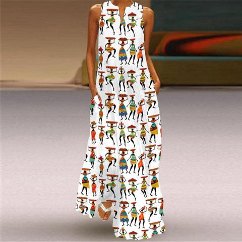 New Fashion Print Summer Dress Casual Sexy Boho Beach Dresses Women Party Dress V-neck Sleeveless Pocket Plus Size Maxi Dresses - ElitShop