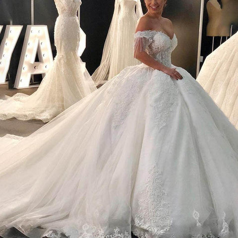 Luxury Beaded Lace Wedding Dresses 2021New Elegant Off Shoulder Tulle Bridal Wedding Gowns Sweetheart Princess Bridal Dress - ElitShop