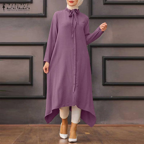 ZANZEA Muslim Abaya Kaftan Tie Neck Blouse Elegant Button Tops Casual Holiday Midi Shirt Maxi Vestidos Blusas Autumn Blouses - ElitShop