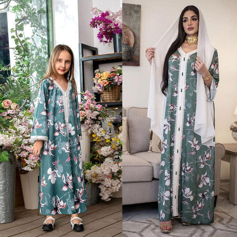 AB009 Long Dress Abaya Jalabiya Khimar Muslim Woman Hijab Set Female Arabic Family Mother Daughter Matching Clothing White Scarf - ElitShop