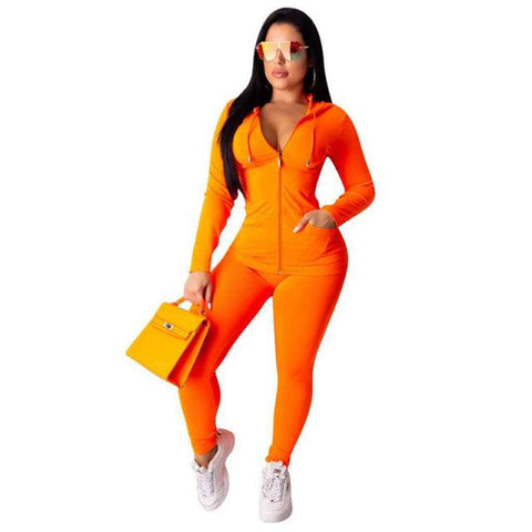 2PC/SET Women Sport Solid Zipper Up Long Sleeve Hooded Top Pencil Pants Suit Autumn Workout Casual Stretchy Outfits - ElitShop