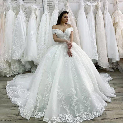 Luxury Beaded Princess Wedding Dress 2022 Lace Appliques Lace up Ball Gown Illusion Bridal Customized Vestido de Noiva - ElitShop