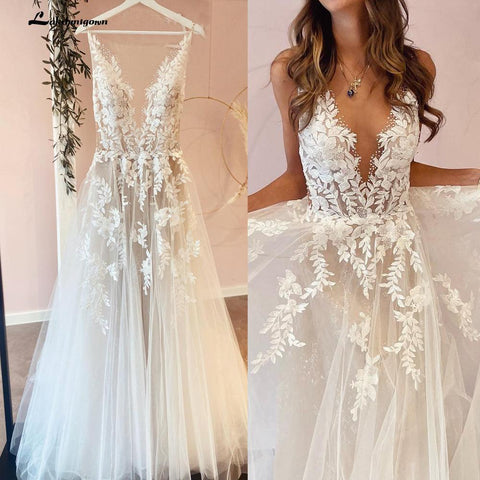 Sexy A-Line Backless Wedding Dress 2022 Vintage Lace Applique Beaded Off White Tulle Wedding Gowns Trouwjurk Long Bridal Dress - ElitShop