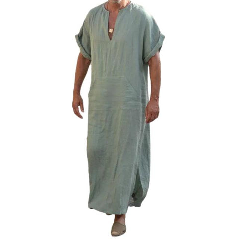 Oversized 5XL Mens Jubba Thobe Men Ethnic Robe with Pocket Cotton Male Short Roll-up Sleeve Solid Color V-neck Kaftan Robe - ElitShop