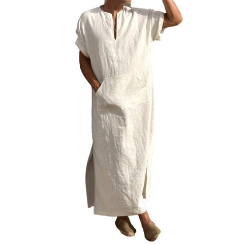 Oversized 5XL Mens Jubba Thobe Men Ethnic Robe with Pocket Cotton Male Short Roll-up Sleeve Solid Color V-neck Kaftan Robe - ElitShop