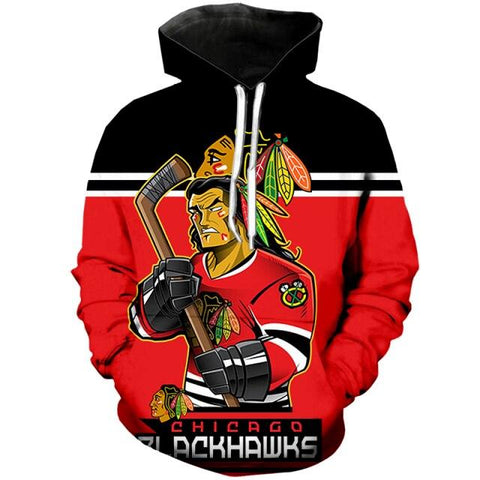 Chicago men&#39;s Fashion 3D Hoodie Black Red Stitching Cartoon Character Print Blackhawks Cool Outdoor Sweatshirts 1 - ElitShop